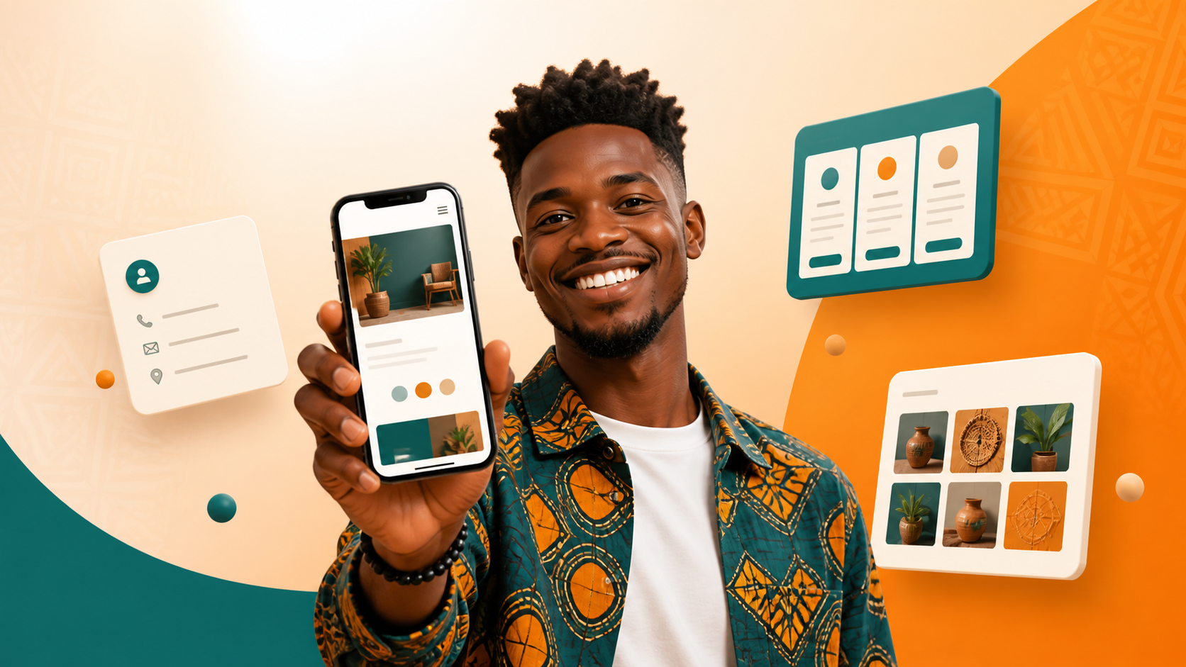 Entrepreneur ouest-africain présentant son site vitrine ChapChap sur son téléphone